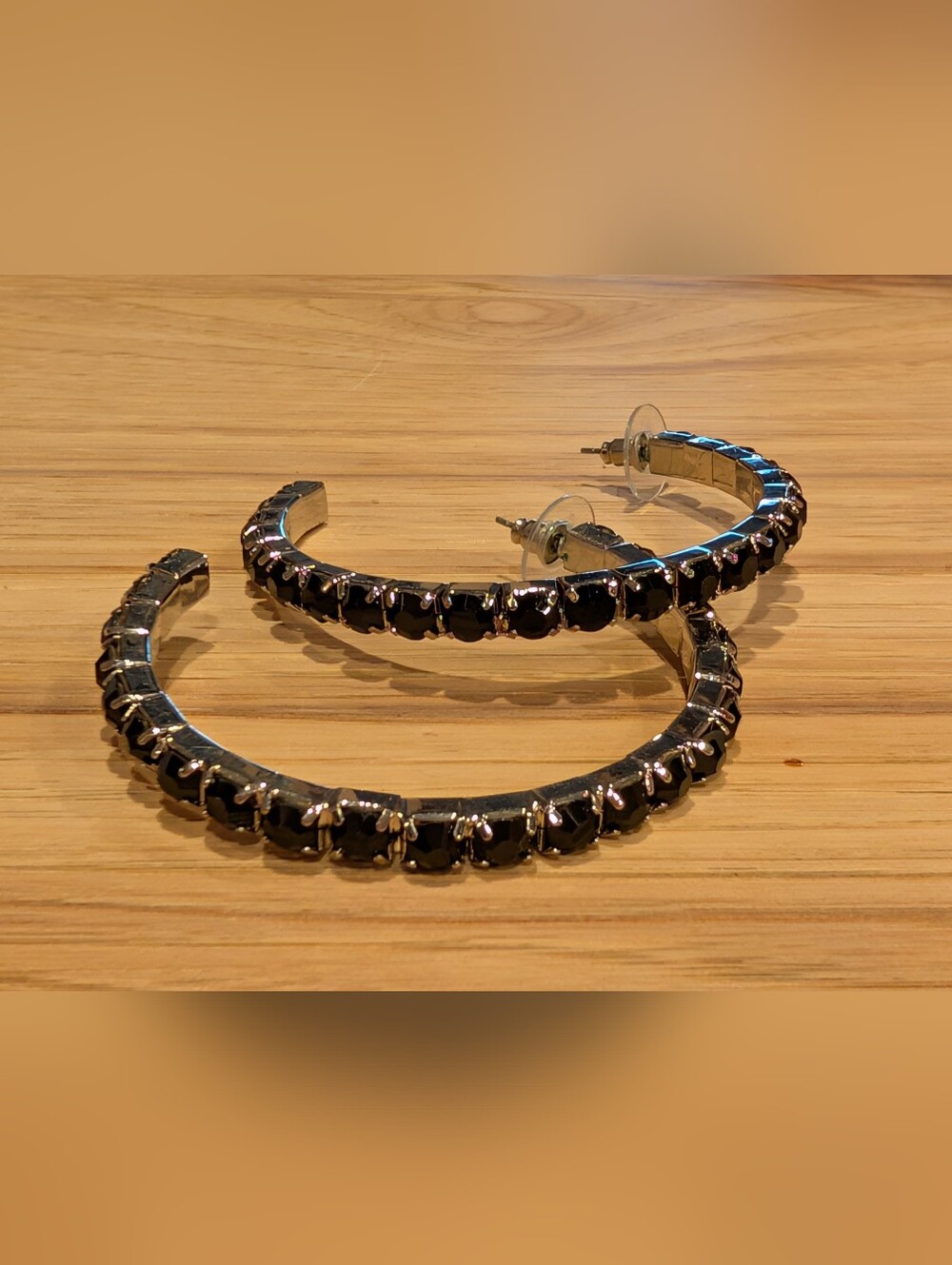 Women's Hoop Earrings with Black Stones Silvertone Setting